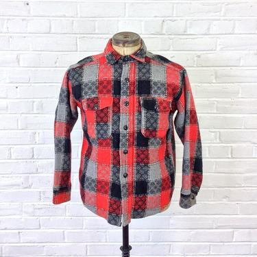 Size L Vintage 1950s 1960s Men’s Red, Black, Gray Diamond Jacquard Wool Shirt Jacket 