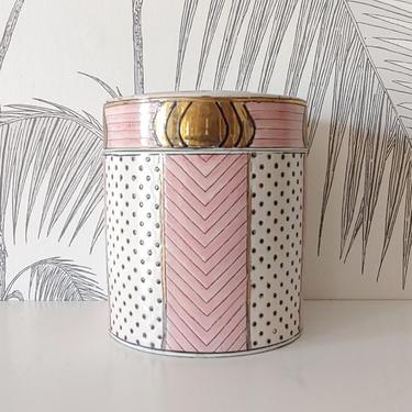 Vintage Canister / Jar, Ceramic, Pink, Gold Plated, Chevron, Dot Pattern,  Asian Clouds, Kinder Harris, circa 30's 