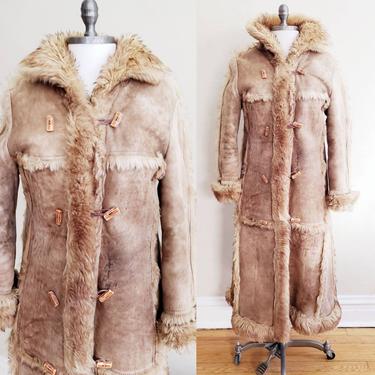 1970s Brown Afghan Coat shearling Lined / 70s Boho Suede Long Coat Button Down Front Spain / M /Slava 