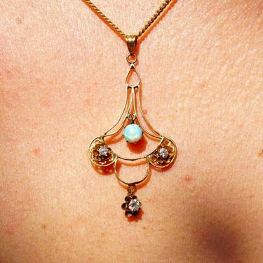 Victorian 14K Gold Opal &amp; Diamond Necklace Pendant, Delicate Gold Wire Frame Teardrop Pendant, Iridescent Gemstone, Accent Diamonds, 1 3/4&amp;quot; 