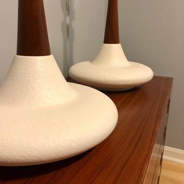 Pair of Danish Modern Textured Ceramic Saucer Shaped Lamps 