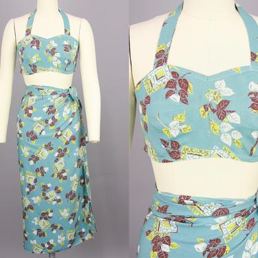 1940s Beach Set | Vintage 40s Sarong Skirt &amp; Halter Sun Top | xs 