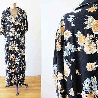 Vintage 90s Rayon Maxi Dress L - 90s Button Front Long Floral Dress - Black Floral Print Sundress - 90s Clothing - Grunge Long Floral Dress 