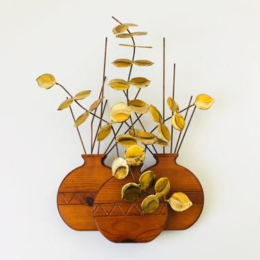 Vintage Brass and Wood Vase Wall Hanging 