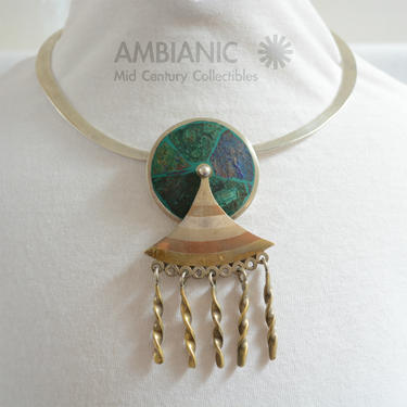 Los Castillo Fringe Collar Necklace Married Metals Azurite Malachite 1970s Mexico 