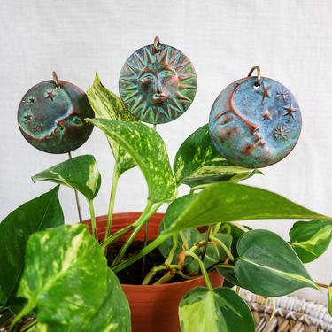Vintage 90s sun & moon stars houseplant stakes, celestial home decor gift for plant lover or green witch, decorative gardening planter stick 