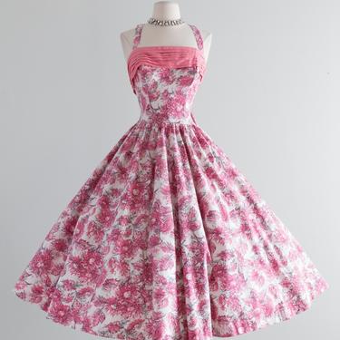 Spectacular 1950's Pink Floral Cotton Party Dress With Train By Jean Allen / Waist 26"