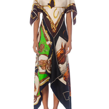 MORPHEW COLLECTION Equestrian &amp; Status Print Kaftan Dress Made From 1970S Vintage Silk Scarves 