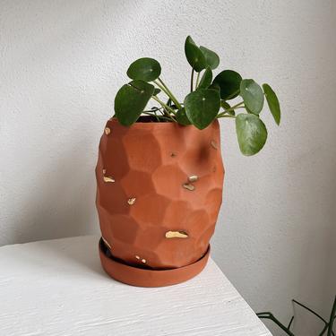 Terracotta + Gold Ceramic Faceted Planter - The Object Enthusiast - Unique Indoor Ceramic Planter - Terracotta Home Decor 
