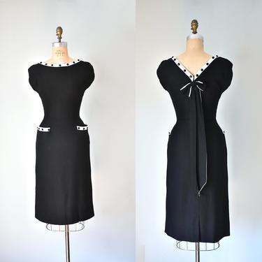 Coretta black and white bow linen dress, vintage 1950s dress, linen clothing, vintage women 