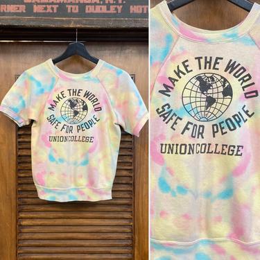 Vintage 1960’s Safe World Tie Dye Short Sleeve Hippie Sweatshirt, 60’s Tie Dye Shirt, 60’s University Hippie, Tie Dye, Vintage Clothing 