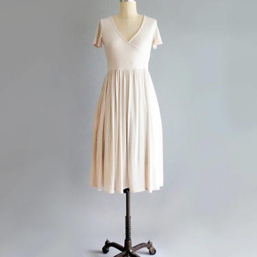 MARA Vanilla - ivory white draped jersey midi elopement dress dress with short sleeves. reversible.  full gathered skirt with pockets 