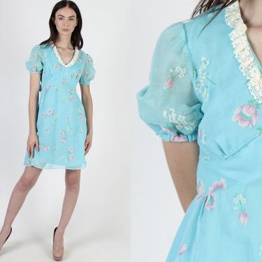 Vintage 70s Velvet Tulip Floral Dress Casual Prairie Turquoise Thin Teal Mini Dress 