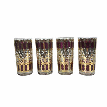 Vintage Cranberry and Gold Culver Scroll Tumbler Glasses, set of 4 