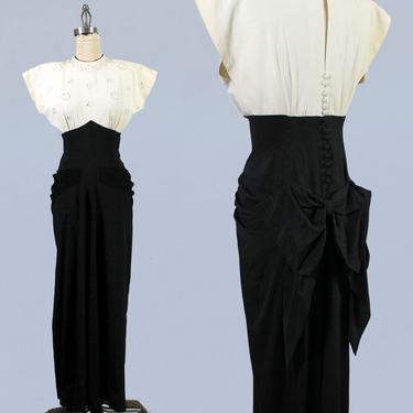 1940s Gown / 40s Color Block Black and White Draped Tailored Button Back Keyhole Column Dress 