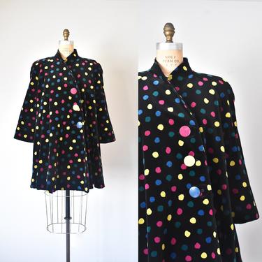 Romie polka dot velvet coat, 80s fashion, plus size vintage, aesthetic clothing, womens coats 