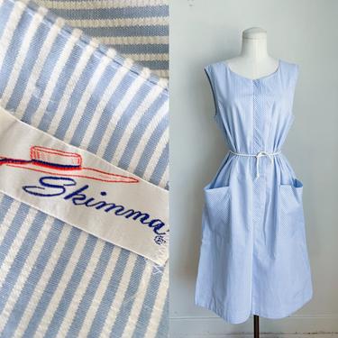 Vintage 1960s Blue & White Striped Seersucker House Dress / XL 