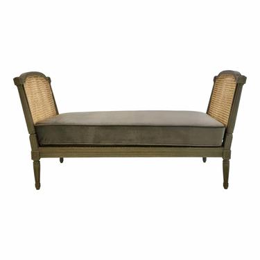 French Style Caned Bench/Settee With Gray Velvet Cushion