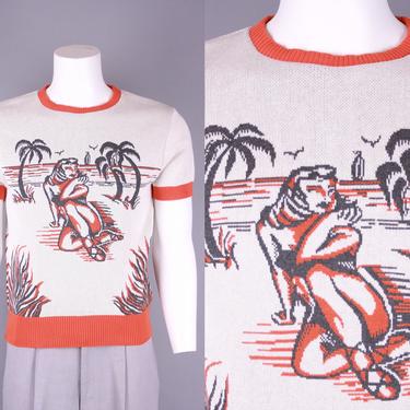 GROOVIN HIGH Beach Pin Up Short Sleeved Knit | Vintage 1950s Style Summer Orange & Grey Cotton Pullover Sweater | L 