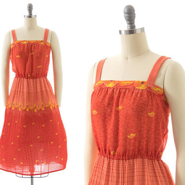 Vintage 1980s Sundress | 80s Poppy Floral Printed Orange Pleated Skirt Fit and Flare Day Dress (xs/small) 