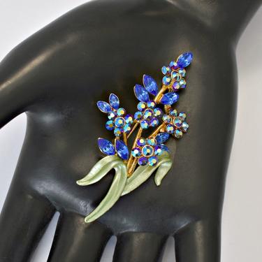 60's AB &amp; blue rhinestone green enamel gold plated metal floral bling brooch, fabulous Aurora Borealis crystal flower and leaf sparkle pin 