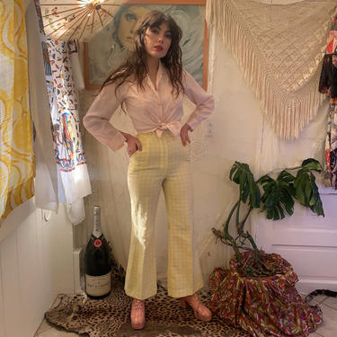 70's CHECKED FLARES - yellow and white - high-waisted - pockets - x-small 
