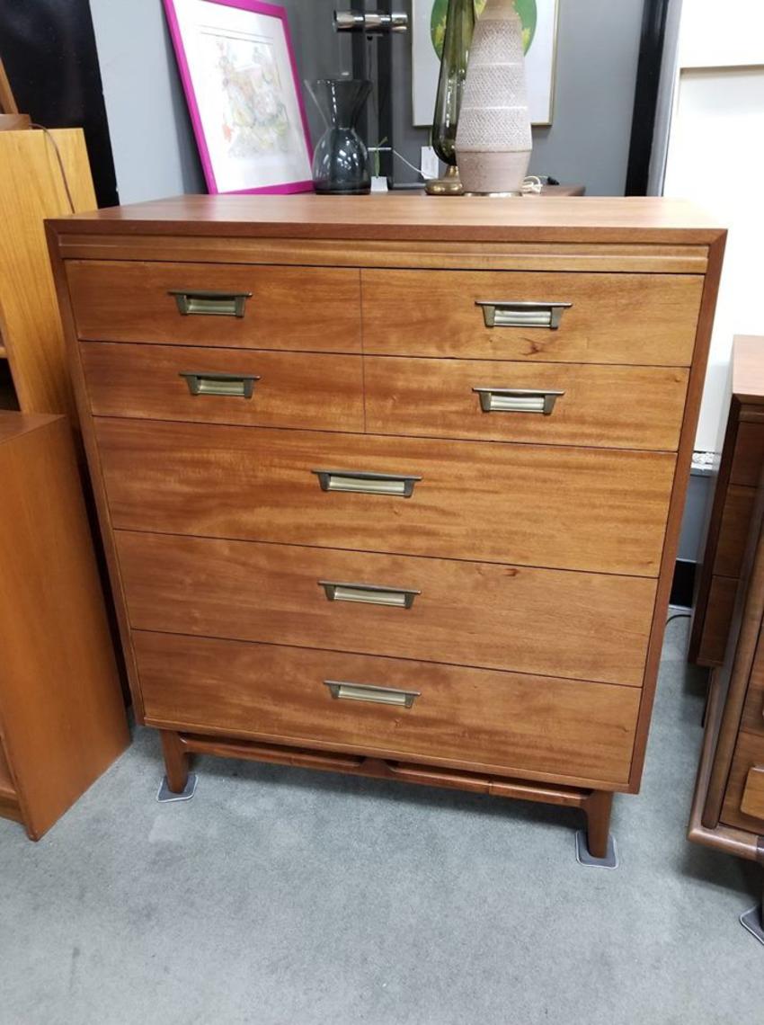 Mid Century Modern Six Highboy Dresser With Campaign Style Pulls