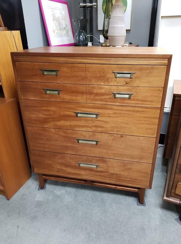 Mid-Century Modern six highboy dresser with campaign style pulls