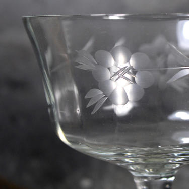 Set of 4 Etched Glass Champagne Coupes - Vintage Champagne Glasses/Tall Sherbet Glass - Etched Floral Design | FREE SHIPPING 