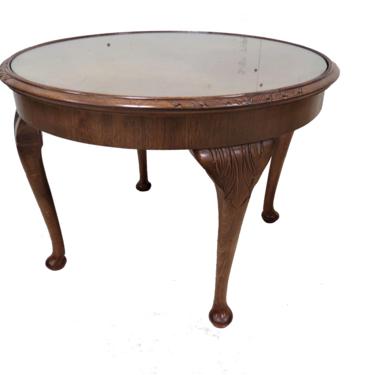 Oak Coffee Table | Small Vintage English Round Coffee Table With Glass Top and Queen Anne Legs 
