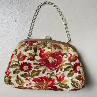 1960s Purse Floral Tapestry Needlepoint Hand Bag 