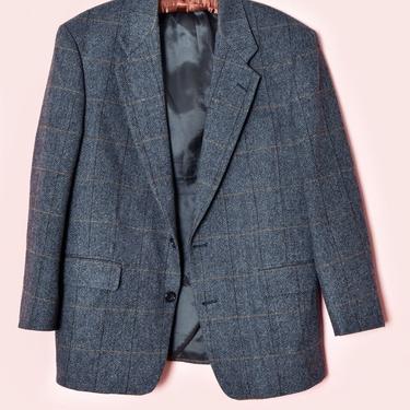 Vintage Tweed Plaid Designer Mens Blazer Jacket Sport Coat, Vintage Suit, Grey, Gray, Black Charcoal 1980's, 1970's Mid Century wool 