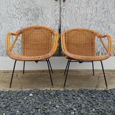 Mid Century Modern Pair of Calif-Asia Bamboo and Wicker Basket Chairs c. 1950's