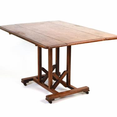 Antique English Oak Dropleaf Dining or Work Table w Unusual Trestle Base 