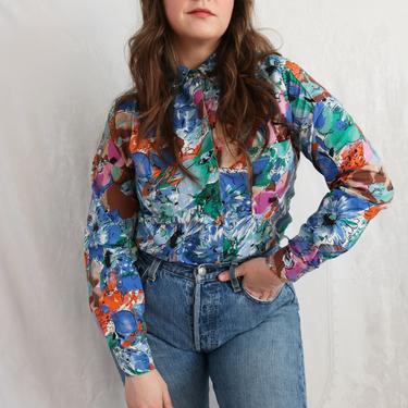 Vintage  90's  Floral Button Down Shirt Colorful Watercolor Printed Top 