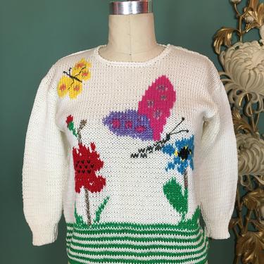 1980s sweater, vintage jumper, 80s knit top, butterfly print, small medium, cropped sweater 3/4 length sleeves, novelty print, flower garden 