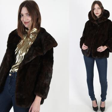 Real Mahogany Mink Fur Jacket / Cropped Dark Brown Mink Coat / Vintage 60s Natural Fur Under Collar Upcycle Womens Overcoat 