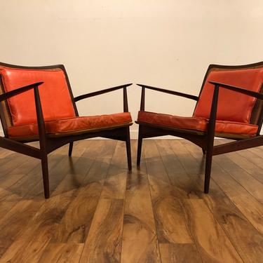 Ib Kofod Larsen Mid Century Spear Chairs With Cane Backs, Made in Denmark - A Pair 