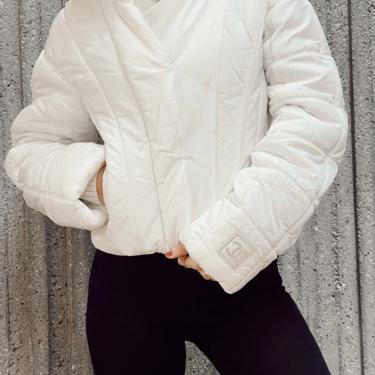 Vintage 90’s CHANEL CC Monogram Logo White Quilted Puffer Ski Snow Jacket Coat fr 40 / S -M 