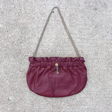 Vintage 50s Red Calfskin Purse - Soft Leather Burgundy Handbag Gold Chain 