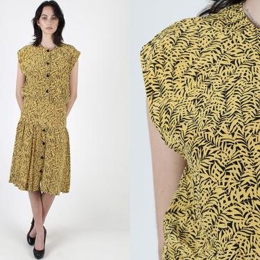 1980s Dandelion Yellow Silk Dress / Nature Fern Leaf Print Dress / Vintage 80s Drop Waist / Button Down Below The Knee Dress 
