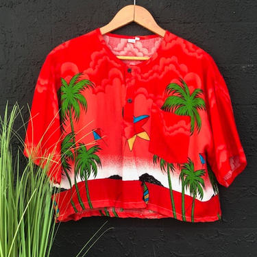 Red Tropical Cropped Blouse \/  Lg