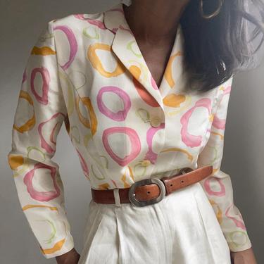 vintage silk abstract print blazer cut blouse 