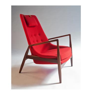 Ib Kofod-Larsen High Back Seal Chair in Afrormosia Teak and in bright red Maharam Halliingdal for OPE, Sweden  1960s 