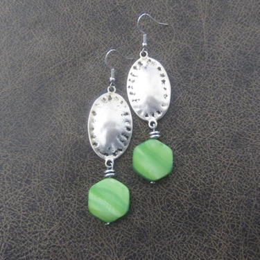 Mid century modern earrings, statement bohemian earrings, bold earrings, green mother of pearl shell earrings, boho silver earrings 
