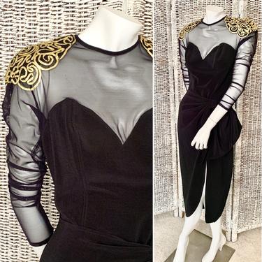 Glam Wrap Style Dress, Cocktail, Metallic Soutache, Draped, Sheer Illusion, Vintage 80s 90s 