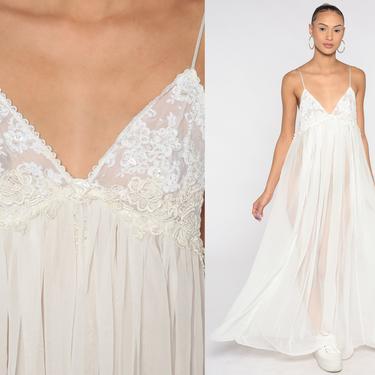 White Nightgown Beaded Lingerie Slip Dress 90s Sheer Bridal Lace Maxi Deep V Neck Vintage Boho 1990s Romantic Bohemian Large by ShopExile