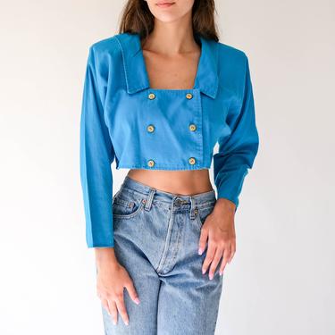 Vintage 70s Mara J Jrs Teal Double Breasted Broad Shoulder Cropped Blouse w/ Gold Anchor Buttons | Made in USA | 1970s Designer Bolero Top 
