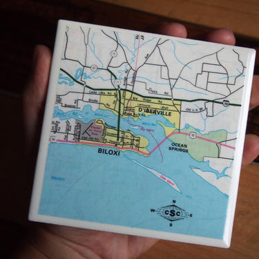 1983 Biloxi Mississippi Handmade Repurposed Vintage Map Coaster - Ceramic Tile - Repurposed 1980s City Map Atlas One of a Kind - D'Iberville 