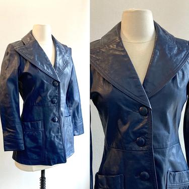 70s Vintage BLUE LEATHER JACKET Coat / Fitted Short Trench / Lined 